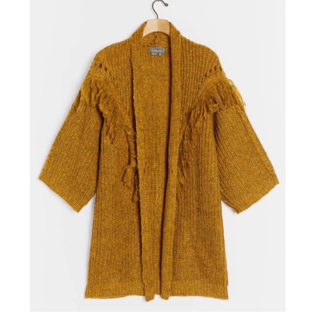 Anthropologie Mustard Yellow Fringe Cardigan